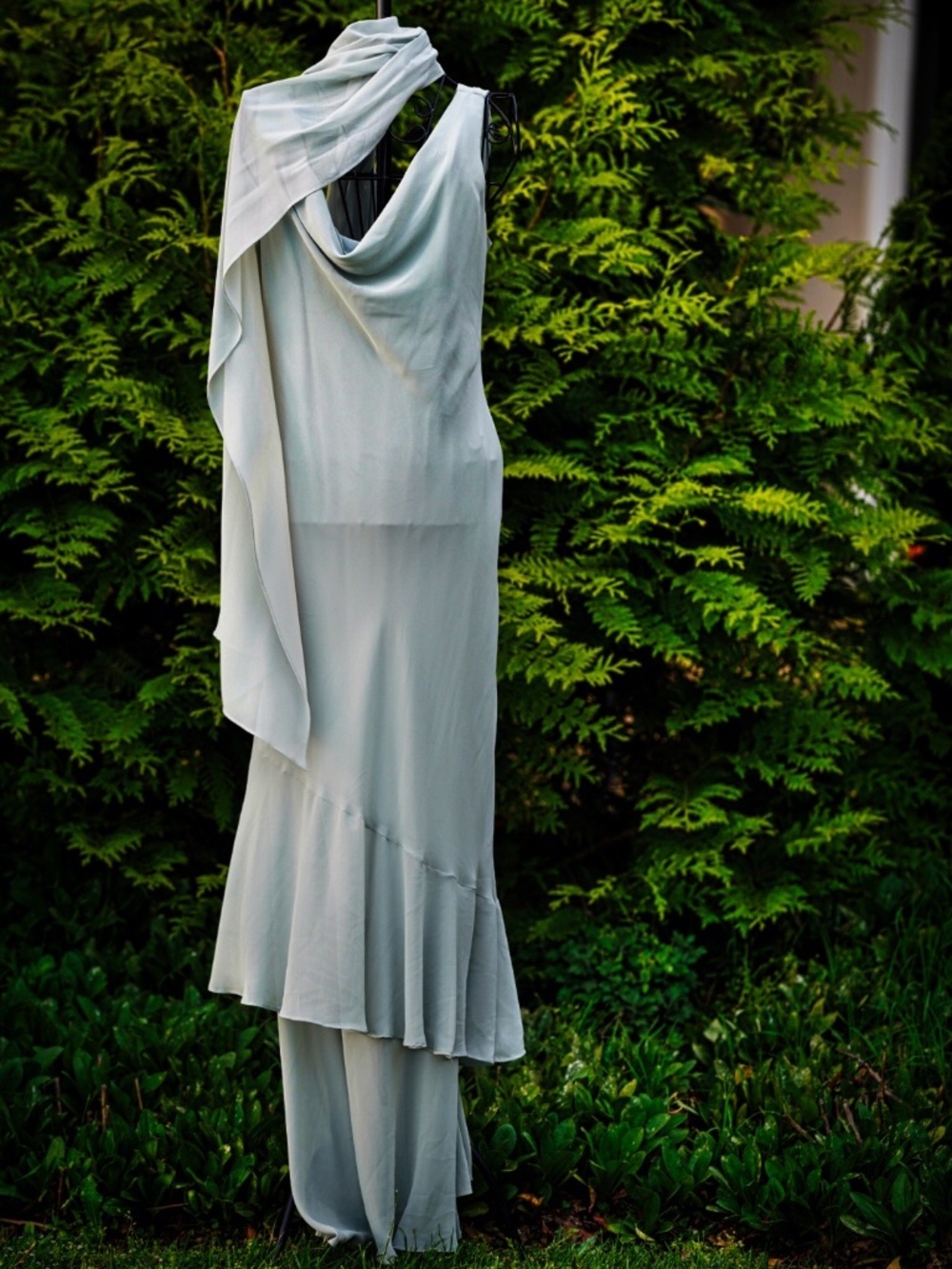 VTG Chadwick's Sage Green Chiffon Maxi Dress & Shawl Set - Size 10 - Picture 4 of 16